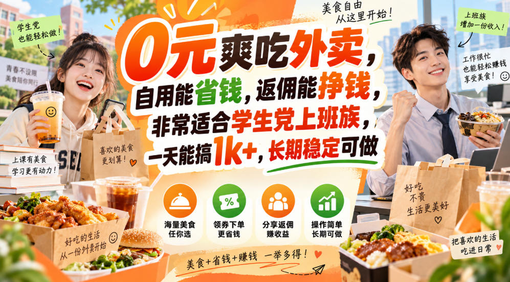 0元爽吃外卖,自用能省钱,返佣能挣钱,非常适合学生党上班族,一天能搞1k+,长期稳定可做-聊项目