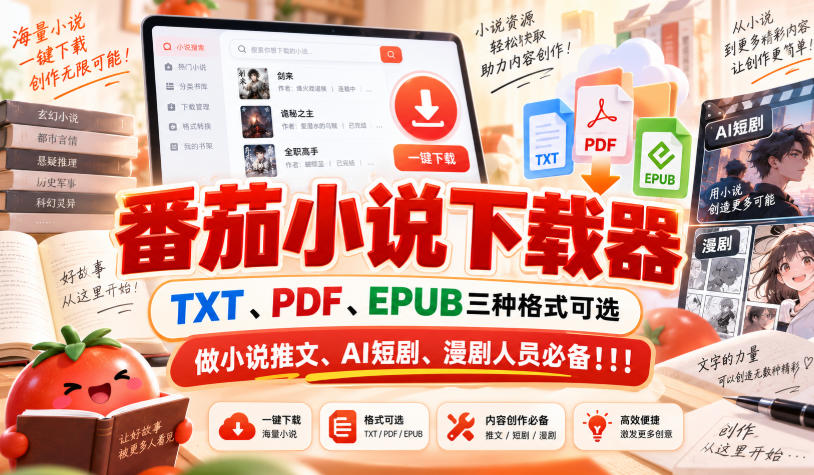 番茄小说下载器，TXT、PDF、EPUB三种格式可选，做小说推文、AI短剧、漫剧人员必备！！！-聊项目