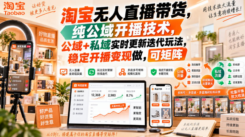 淘宝无人直播带货，纯公域开播技术，公域+私域实时更新迭代玩法，稳定开播变现做，可矩阵【揭秘】-聊项目