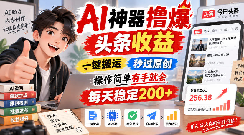AI神器撸爆头条收益，一键搬运，秒过原创，操作简单有手就会，每天稳定200+【揭秘】-聊项目