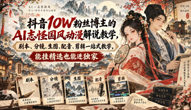 抖音10W粉丝博主满堂诡事的AI志怪国风动漫解说教学，剧本、分镜、生图、配音、剪辑一站式教学，能挂精选也能进独家​-聊项目