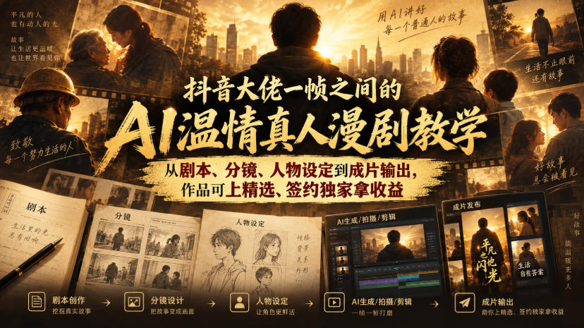 抖音大佬一帧之间的AI温情真人漫剧教学，从剧本、分镜、人物设定到成片输出，作品可上精选、签约独家拿收益-聊项目