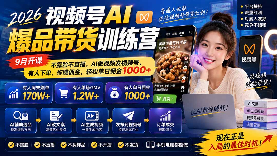 2026视频号AI爆品带货训练营-9月开课｜不露脸不直播，AI做视频发视频号，有人下单，你赚佣金，轻松单日佣金1000+-聊项目