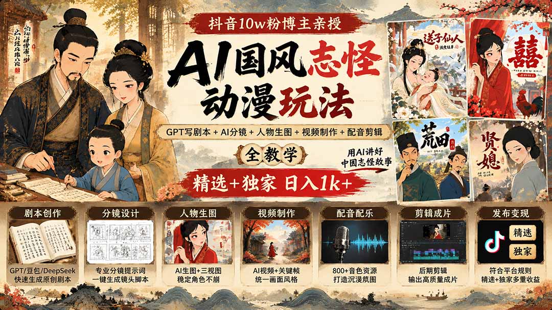 抖音10w粉博主亲授AI国风志怪动漫玩法|GPT写剧本+AI分镜+人物生图+视频制作+配音剪辑全教学|精选+独家日入1k+-聊项目