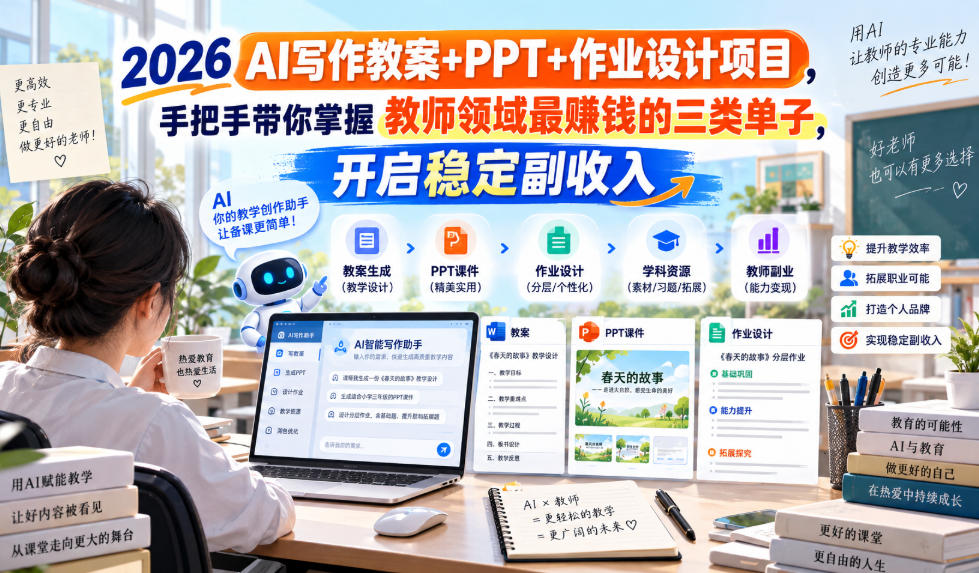 2026 AI写作教案+PPT+作业设计项目,手把手带你掌握教师领域最賺钱的三类单子,开启稳定副收入-聊项目