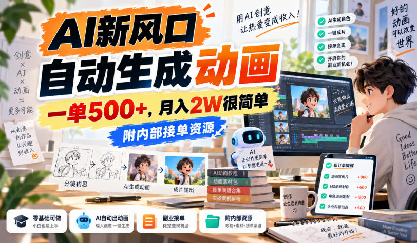 AI新风口，自动生成动画，一单500+，月入2W很简单，附内部接单资源【揭秘】-聊项目