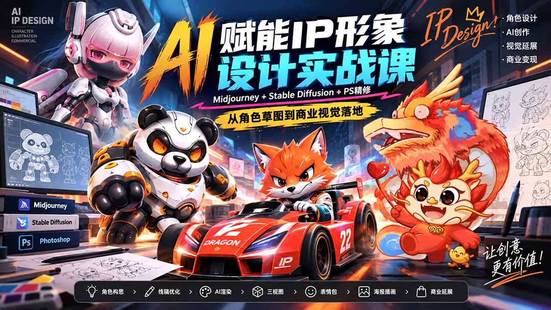 AI赋能IP形象设计实战课-无水印:Midjourney+Stable Diffusion+PS精修,从角色草图到商业视觉落地-聊项目
