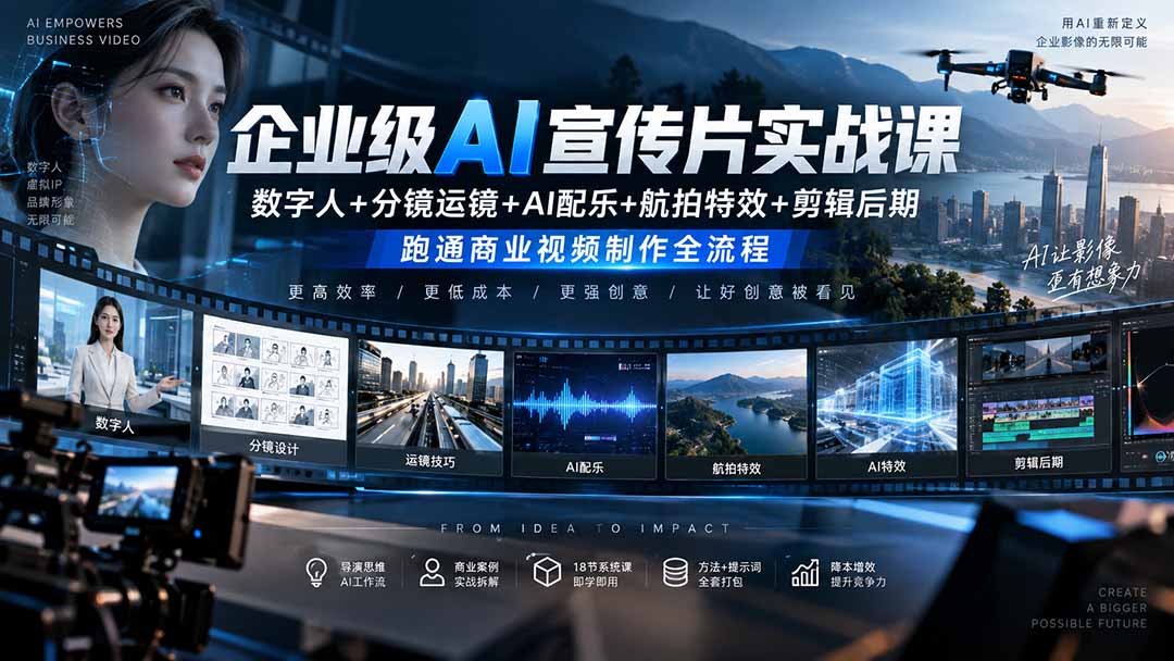 企业级AI宣传片实战课｜数字人+分镜运镜+AI配乐+航拍特效+剪辑后期，跑通商业视频制作全流程-聊项目