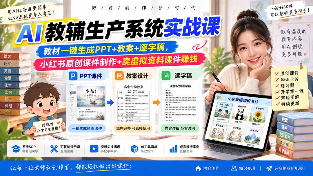 AI教辅生产系统实战课｜教材一键生成PPT+教案+逐字稿，小红书原创课件制作+卖虚拟资料课件赚钱-聊项目