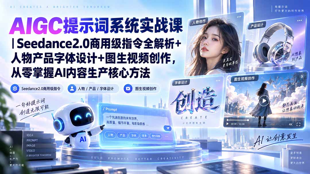 AIGC提示词系统实战课-无水印｜Seedance2.0商用级指令全解析+人物产品字体设计+图生视频创作，掌握AI内容生产方法-聊项目