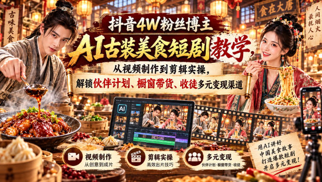 抖音4W粉丝博主AI古装美食短剧教学，从视频制作到剪辑实操，解锁伙伴计划、橱窗带货、收徒多元变现渠道-聊项目