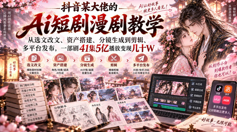抖音某大佬的Ai短剧漫剧教学,从选文改文、资产搭建、分镜生成到剪辑、多平台发布,一部剧41集5亿播放变现几十W-聊项目