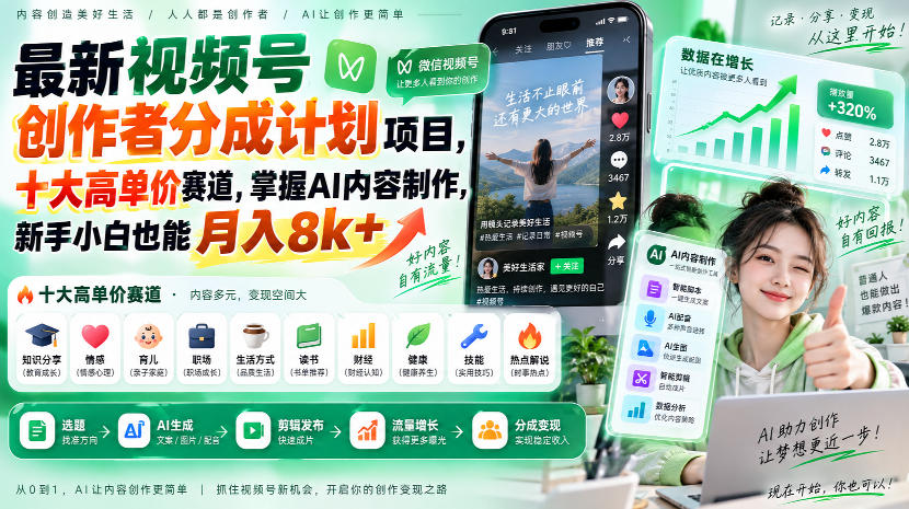 最新视频号创作者分成计划项目,十大高单价赛道,掌握AI内容制作,新手小白也能月入8k+-聊项目