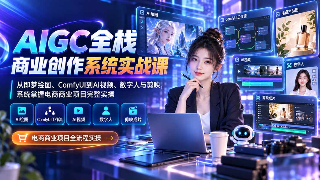 AIGC全栈商业创作系统实战课-无水印:从即梦绘图、ComfyUI到AI视频、数字人与剪映,系统掌握电商商业项目完整实操-聊项目