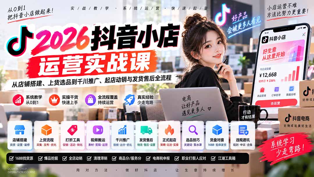 2026抖音小店运营实战课|从店铺搭建、上货选品到千川推广、起店动销与发货售后全流程-聊项目