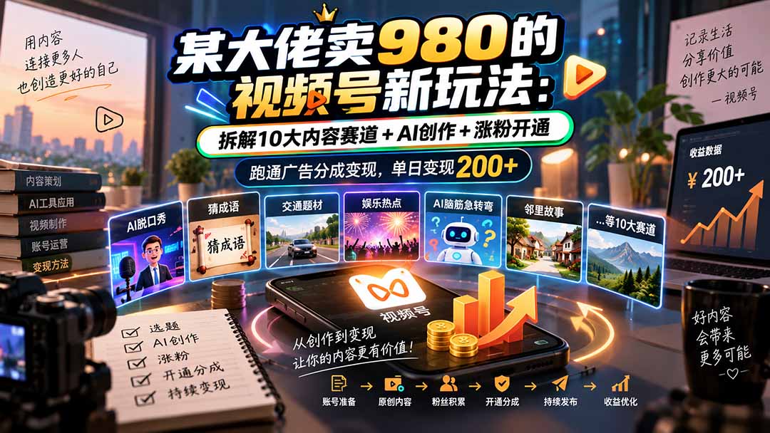 某大佬卖980的视频号新玩法:拆解10大内容赛道+AI创作+涨粉开通,跑通广告分成变现,单日变现200+-聊项目
