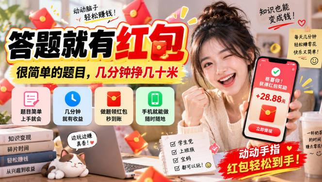 答题就有红包,很简单的题目,几分钟挣几十块,学生党上班族宝妈都可以玩【揭秘】-聊项目