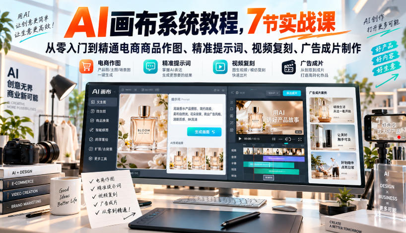 AI画布系统教程,7节实战课从零入门到精通电商商品作图、精准提示词、视频复刻、广告成片制作-聊项目