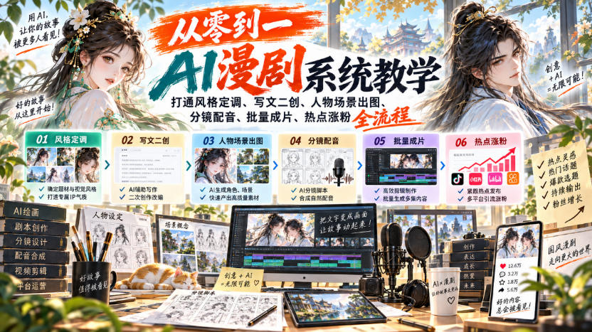 从零到一AI漫剧系统教学,打通风格定调、写文二创、人物场景出图、分镜配音、批量成片、热点涨粉全流程-聊项目