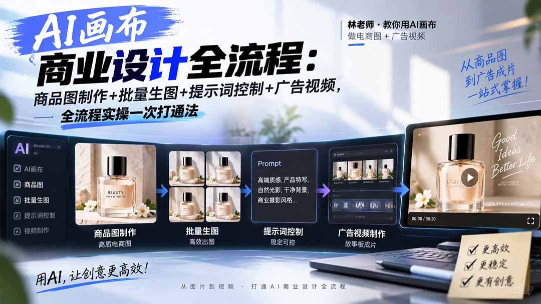 AI画布商业设计全流程:商品图制作+批量生图+提示词控制+广告视频,全流程实操一次打通法-聊项目