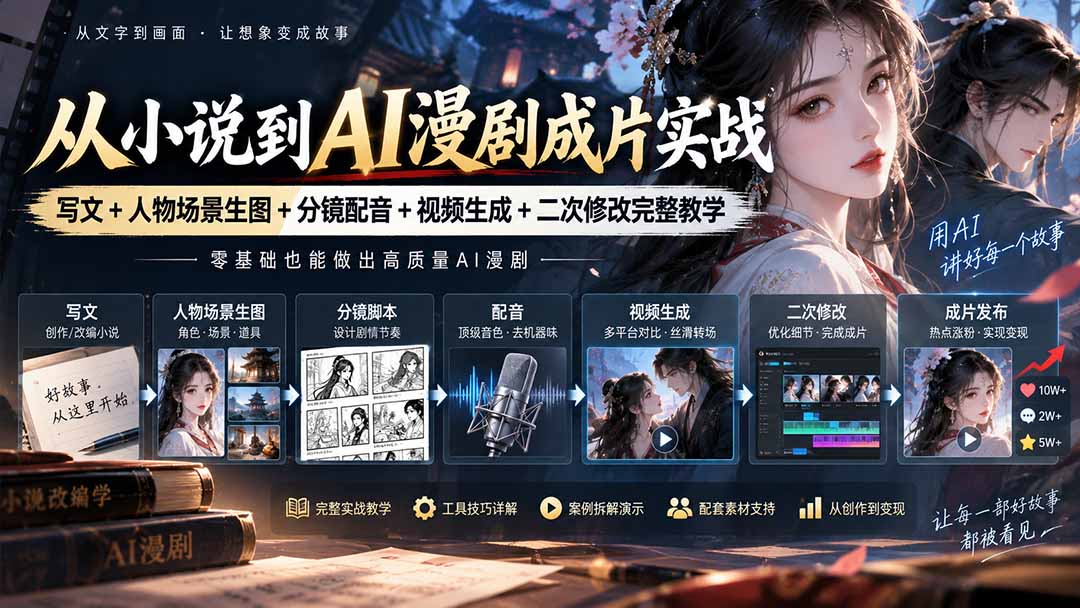 从小说到AI漫剧成片实战:写文+人物场景生图+分镜配音+视频生成+二次修改完整教学-聊项目