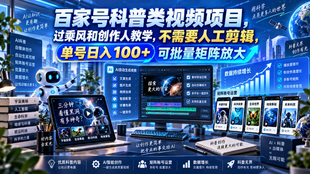 百家号科普类视频项目,过乘风和创作人教学,不需要人工剪辑,单号日入100+可批量矩阵放大-聊项目