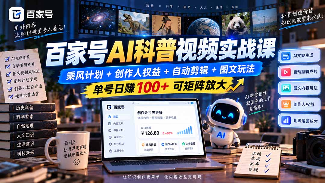 百家号AI科普视频实战课:乘风计划+创作人权益+自动剪辑+图文玩法,单号日赚100+可矩阵放大-聊项目