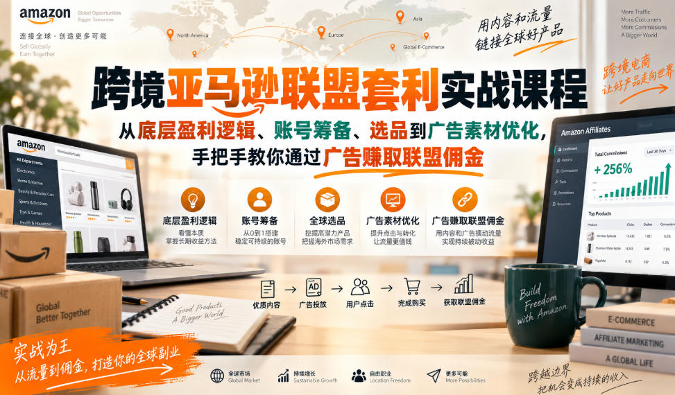 跨境亚马逊联盟套利实战课程,从底层盈利逻辑、账号筹备、选品到广告素材优化,手把手教你通过广告賺取联盟佣金-聊项目