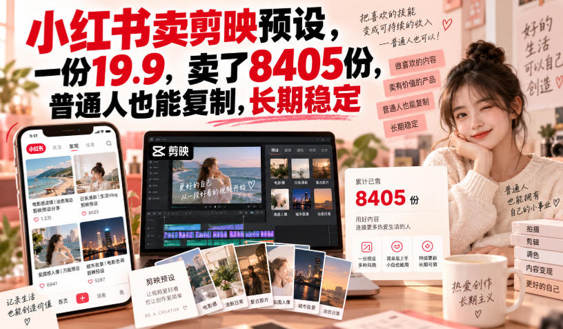 小红书卖剪映预设,一份19.9,卖了8405份,普通人也能复制,长期稳定-聊项目