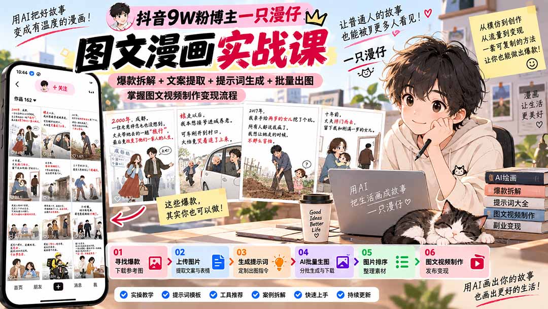 抖音9W粉博主一只漫仔图文漫画课:爆款拆解+文案提取+提示词生成+批量出图,掌握图文视频制作变现流程-聊项目