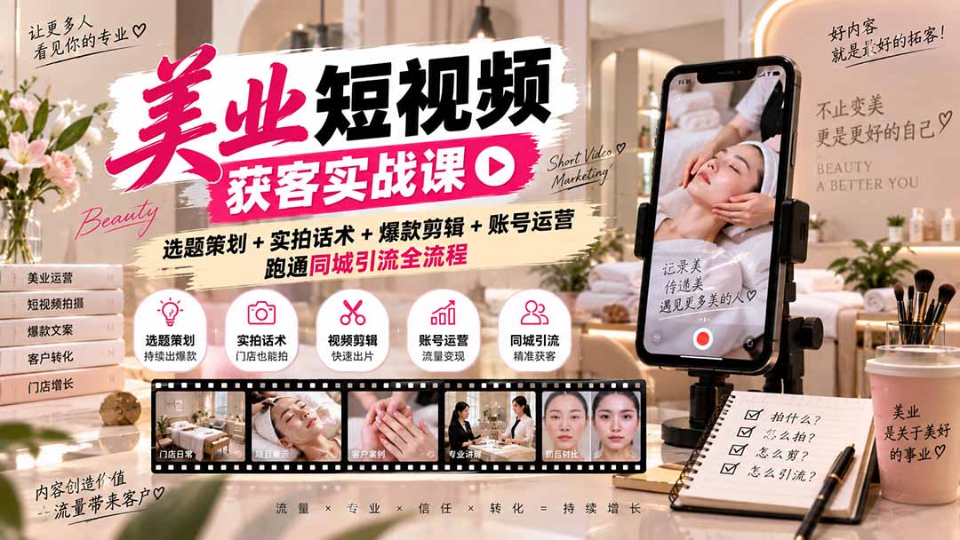 美业短视频获客实战课-无水印:选题策划+实拍话术+爆款剪辑+账号运营,跑通同城引流全流程-聊项目