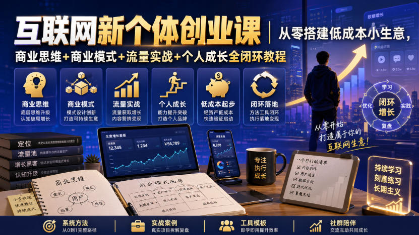 互联网新个体创业课|从零搭建低成本小生意,商业思维+商业模式+流量实战+个人成长全闭环教程(更新0922)-聊项目