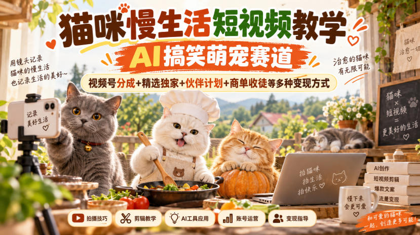 猫咪慢生活短视频教学,AI搞笑萌宠赛道,视频号分成+精选独家+伙伴计划+商单收徒等多种变现方式-聊项目
