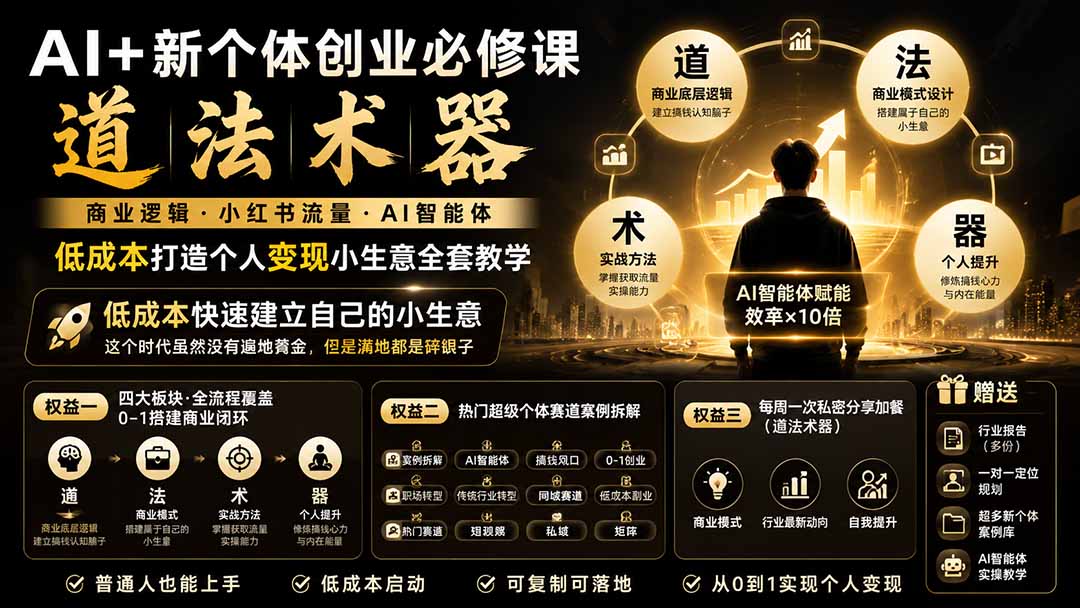 AI+新个体创业必修课-更新0922｜道法术器｜商业逻辑·小红书流量·AI智能体｜低成本打造个人变现小生意全套教学-聊项目