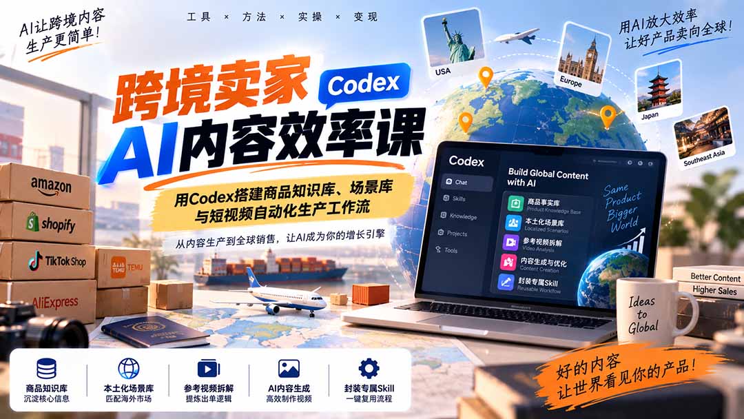 跨境卖家AI内容效率课：用Codex搭建商品知识库、场景库与短视频自动化生产工作流-聊项目
