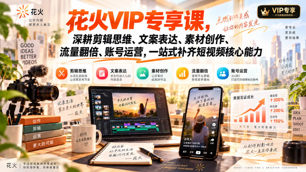花火VIP专享课,深耕剪辑思维、文案表达、素材创作、流量翻倍、账号运营,一站式补齐短视频核心能力-聊项目