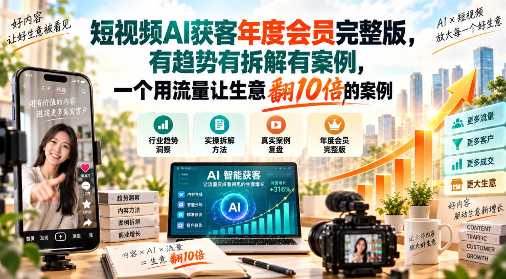 短视频AI获客年度会员完整版，有趋势有拆解有案例，一个用流量让生意翻10倍的案例-聊项目