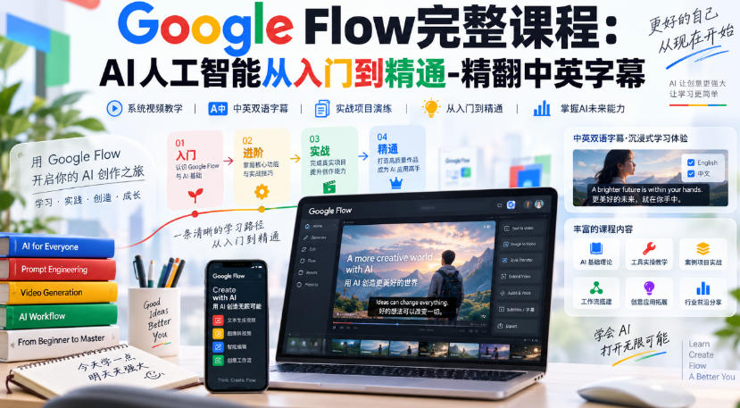 【无水印】Google Flow完整课程：AI人工智能从入门到精通-精翻中英字幕-聊项目