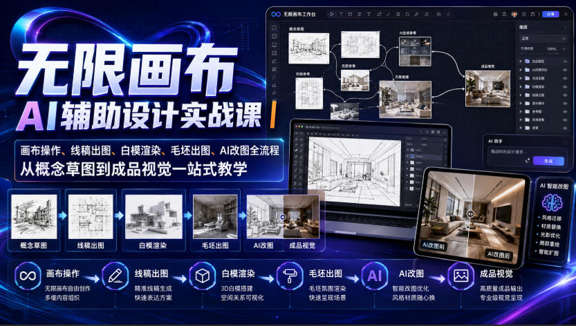 无限画布AI辅助设计实战课｜画布操作、线稿出图、白模渲染、毛坯出图、AI改图全流程，从概念草图到成品视觉一站式教学(更新0923)-聊项目