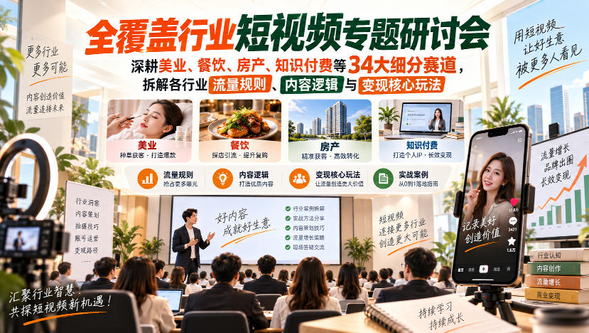 短视频专题研讨会,深耕美业、餐饮、房产、知识付费等34大细分赛道,拆解各行业流量规则、内容逻辑与变现核心玩法-聊项目