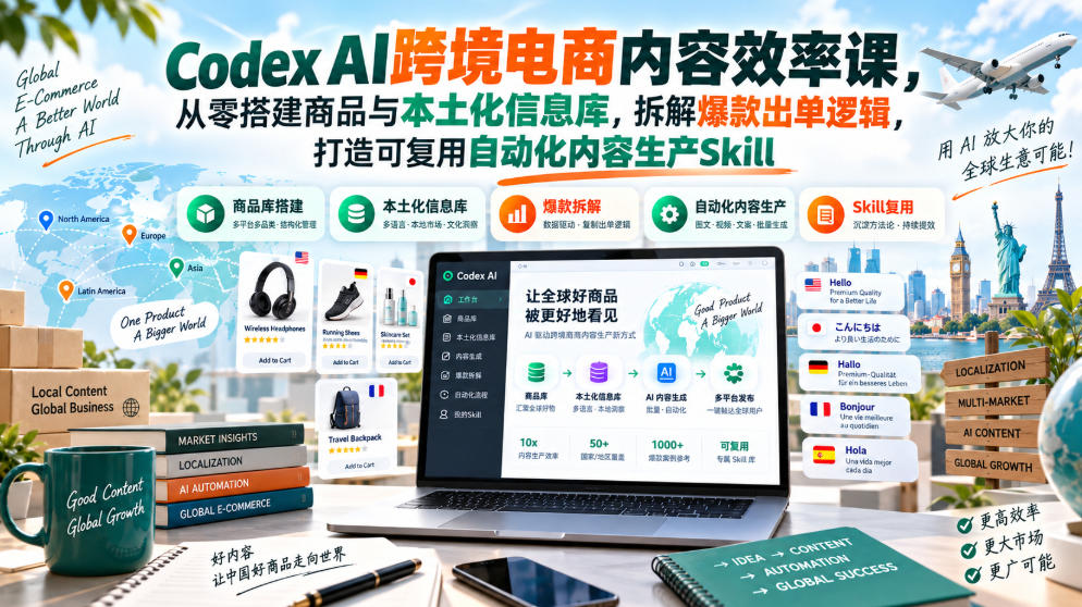 Codex AI跨境电商内容效率课,从零搭建商品与本土化信息库,拆解爆款出单逻辑,打造可复用自动化内容生产Skill-聊项目