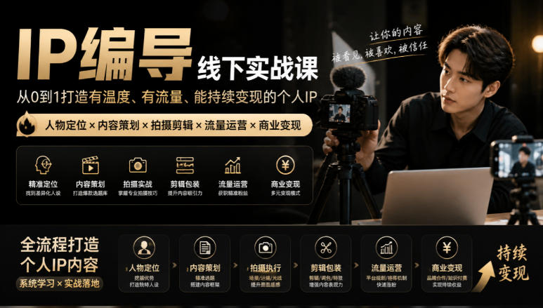 【无水印】IP编导线下实战课，从人物定位到短视频拍摄剪辑，全流程打造有温度、有流量、能持续变现的个人IP内容-聊项目