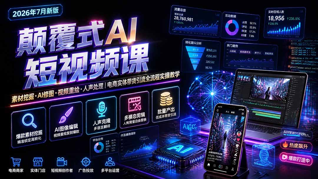 颠覆式AI短视频课-更新｜素材挖掘，AI修图，视频重绘，人声处理｜电商实体带货引流全流程实操教学-聊项目
