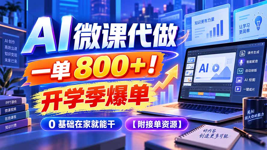 AI 微课代做，一单 800+！开学季爆单，0 基础在家就能干【附接单资源】-聊项目