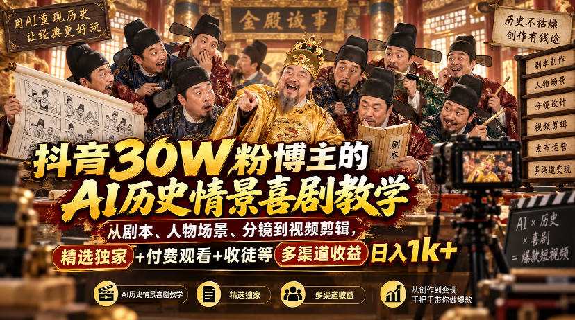 抖音30W粉博主的AI历史情景喜剧教学，从剧本、人物场景、分镜到视频剪辑，精选独家+付费观看+收徒等多渠道收益日入1k+-聊项目