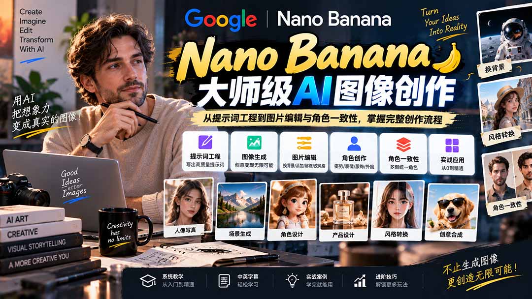 【无水印】Nano Banana大师级AI图像实战课：从提示词工程到图片编辑与角色一致性，掌握完整创作流程-聊项目