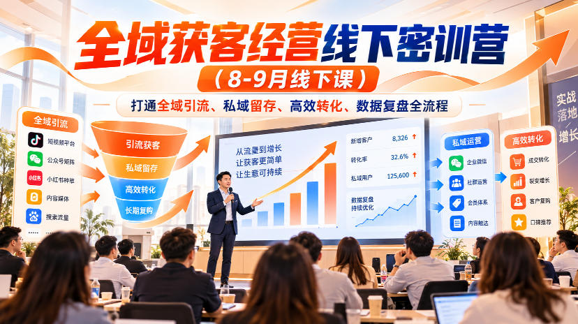 全域获客经营线下密训营(8-9月线下课),打通全域引流、私域留存、高效转化、数据复盘全流程-聊项目