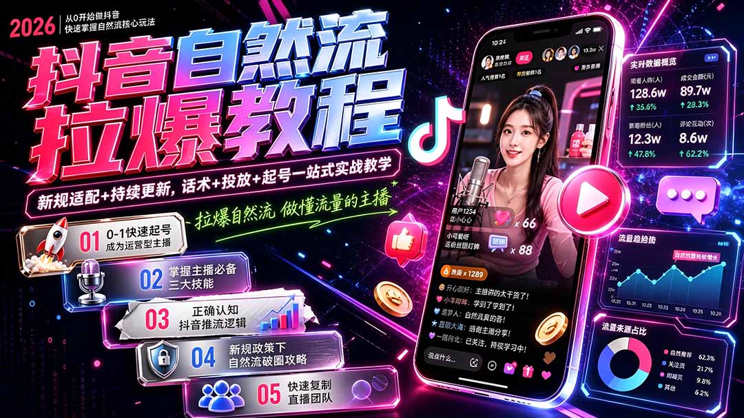抖音自然流拉爆教程-更新1002:做懂流量的主播,新规适配+持续更新,话术+投放+起号一站式实战教学-聊项目