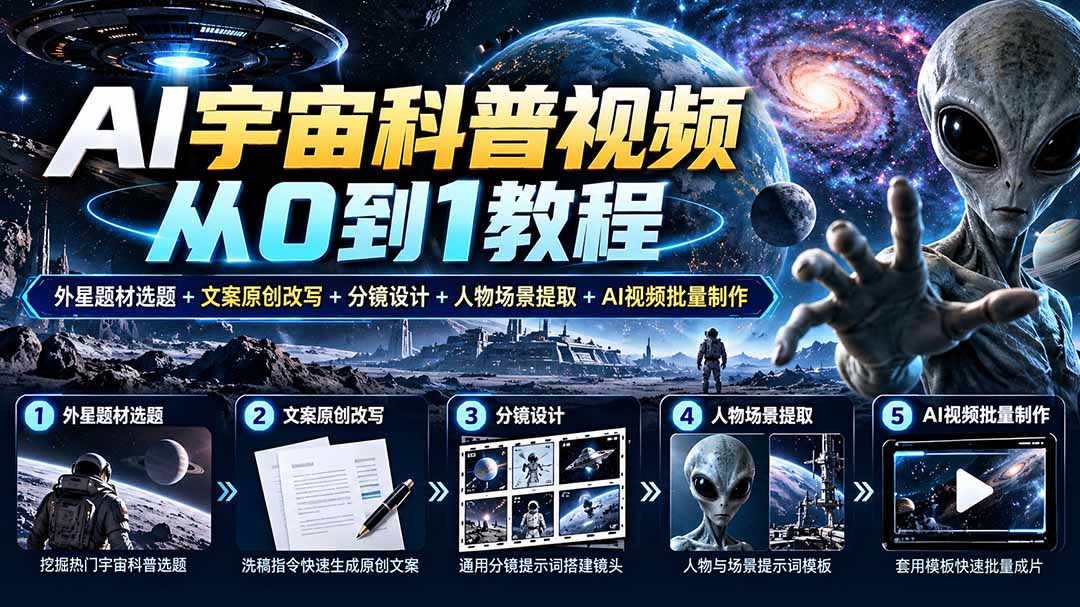 AI宇宙科普视频从0到1教程｜外星题材选题+文案原创改写+分镜设计+人物场景提取+AI视频批量制作-聊项目