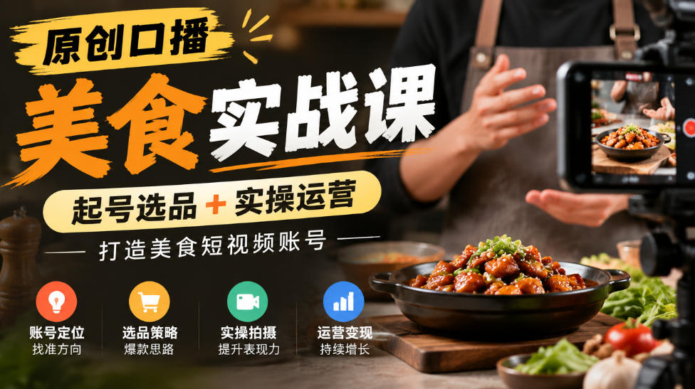 原创口播美食实战课，起号选品+实操运营，打造美食短视频账号-聊项目